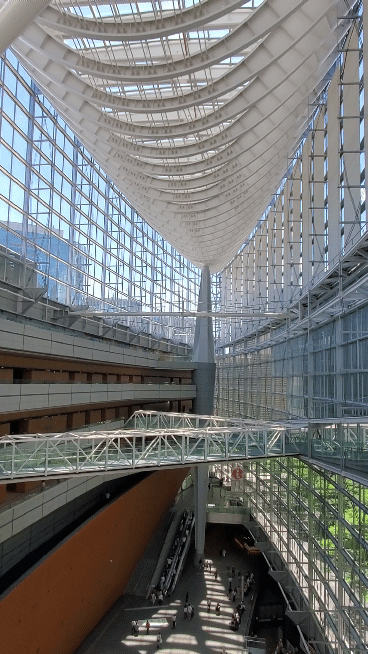 東京国際フォーラムの吹抜け空間。巨大な鉄骨柱と連絡通路、アトリウム全景。 の画像