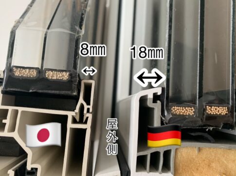 国産とドイツサッシの断面比較の画像