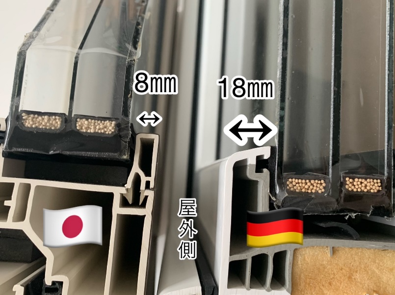 国産とドイツサッシの断面比較の画像
