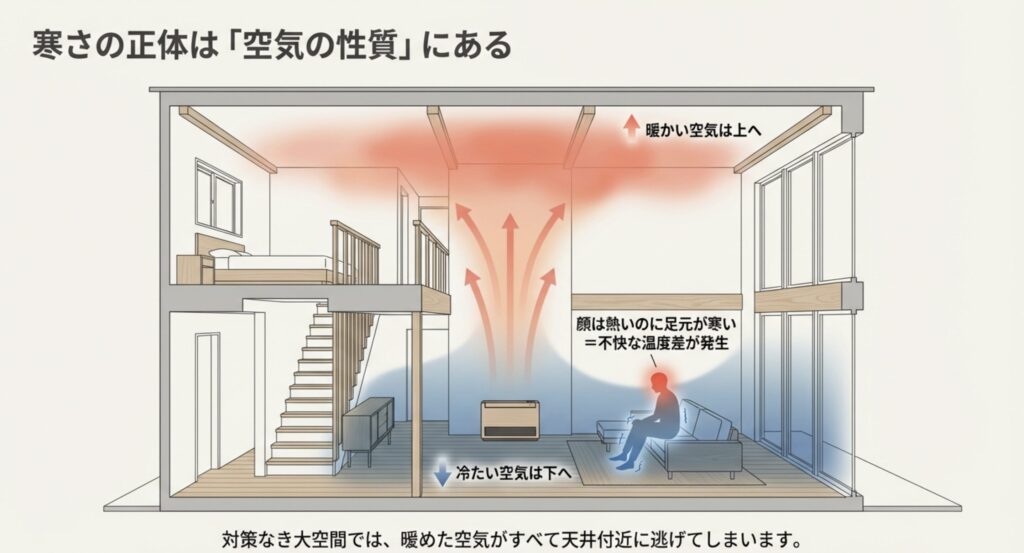 暖かい空気が上昇し冷たい空気が下降することで発生する、顔は熱く足元が寒い温度差の図解の画像