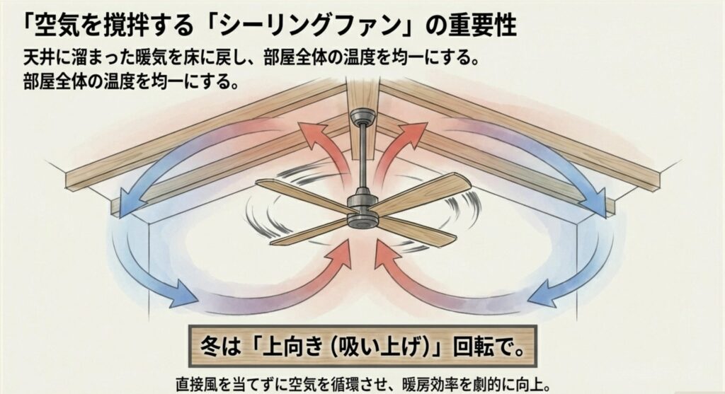 冬場の上向き回転によって天井の暖気を床へ戻すシーリングファンの空気循環図の画像