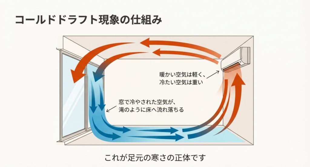 窓で冷やされた重い空気が滝のように床へ流れ落ちて足元を冷やすコールドドラフト現象のメカニズム図解の画像