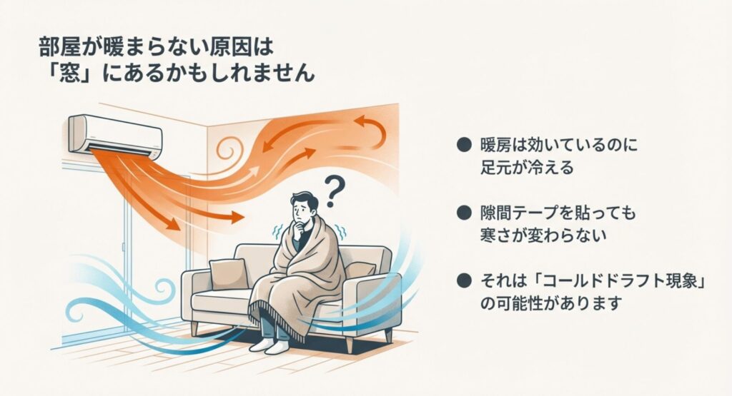 暖房は効いているのに足元が冷える、隙間テープでも寒さが変わらないなどのコールドドラフト現象の症状チェックリストの画像