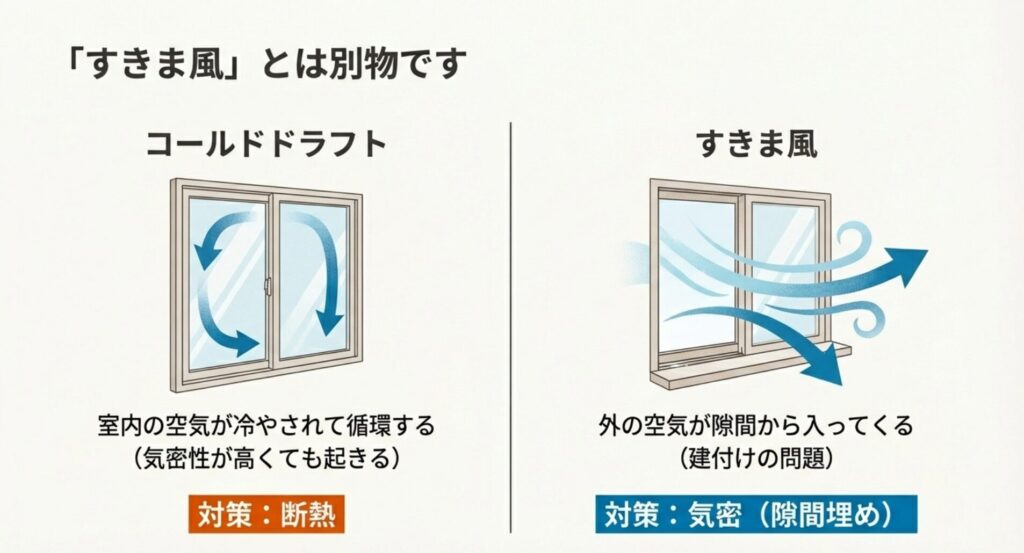 室内の空気が循環するコールドドラフト現象と、外気が侵入するすきま風の違いを比較したイラストの画像