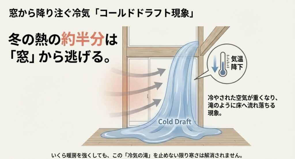 窓で冷やされた空気が滝のように床へ流れ落ちるコールドドラフト現象のイラストの画像