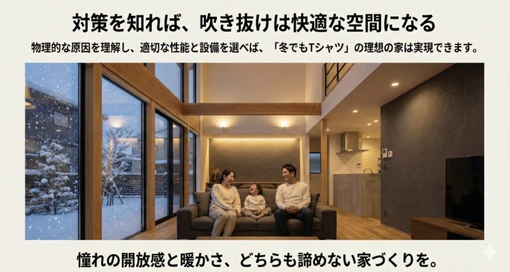 適切な寒さ対策を行い、冬でも暖かく快適に過ごしている家族と吹き抜けのあるリビングの画像