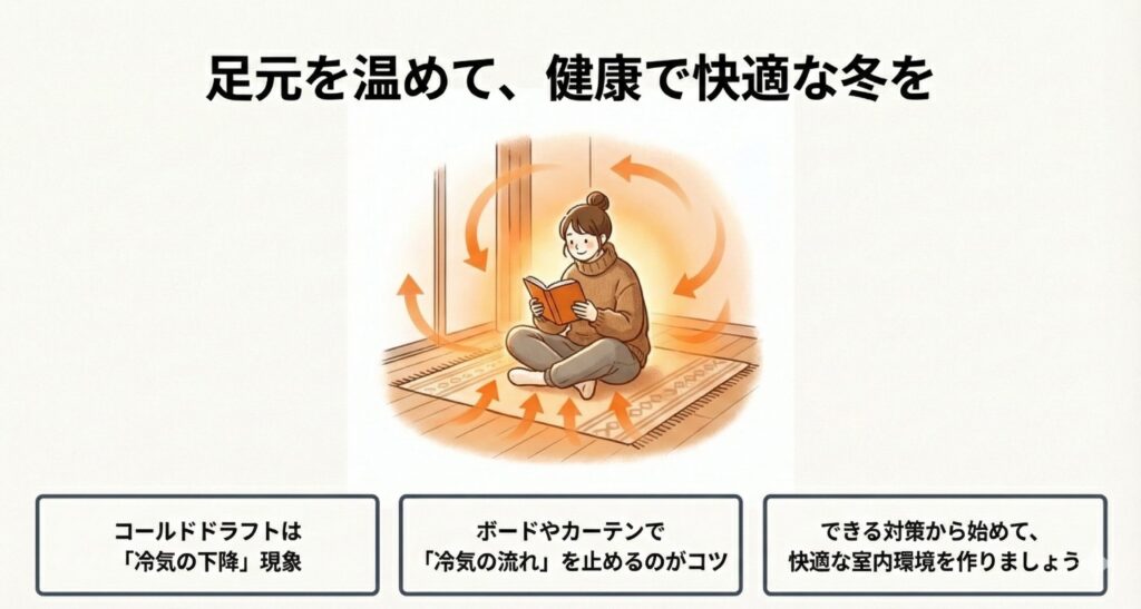 コールドドラフト対策を行い、足元の冷えを解消して快適に過ごしている女性のイラストの画像