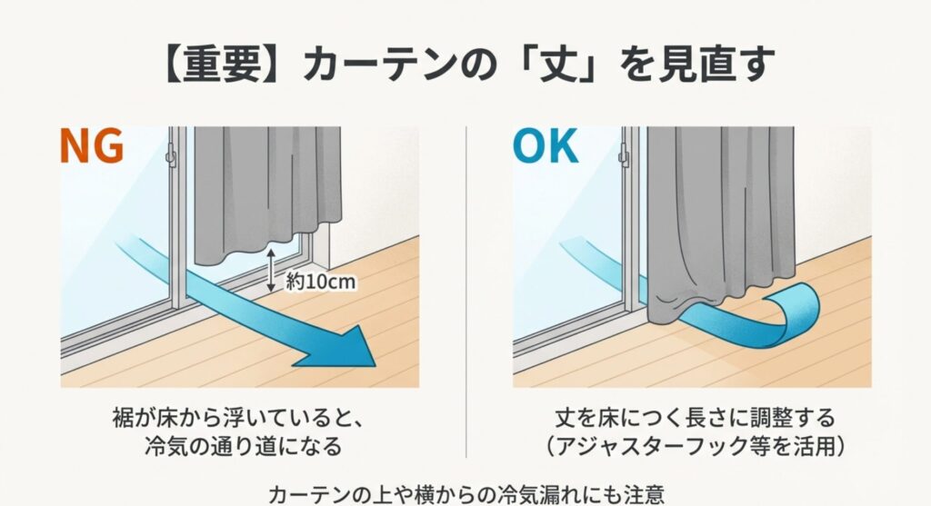 カーテンの裾が床から浮いているNG例と、床につく長さに調整して冷気を防いでいるOK例の比較イラストの画像