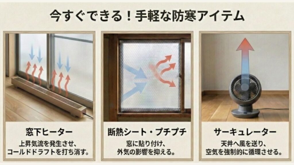 窓下ヒーター、断熱シート、サーキュレーターを活用したコールドドラフト対策アイテムの画像