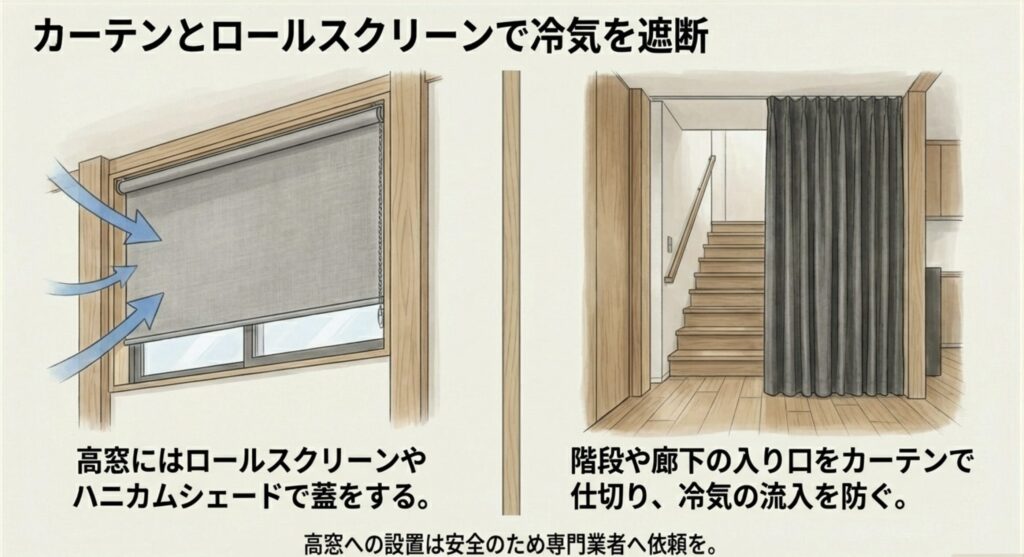 階段や高窓からの冷気流入を防ぐためのロールスクリーンとカーテンの設置イメージの画像