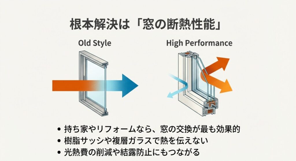 旧来の単板ガラスサッシと、断熱性能が高い樹脂サッシ・複層ガラスの熱の伝わり方を比較した断面図の画像