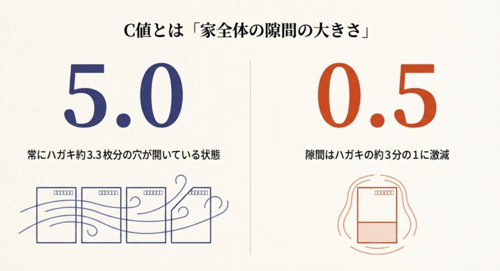 C値5.0（ハガキ約3.3枚分の隙間）とC値0.5（ハガキ約3分の1の隙間）を比較したイラスト。数値が小さいほど隙間が激減することがわかります。の画像