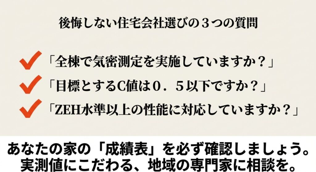 全棟測定の実施、目標C値0.5以下、ZEH水準以上の対応を確認するための3つの質問リスト。実測値を確認することの重要性を強調しています。の画像