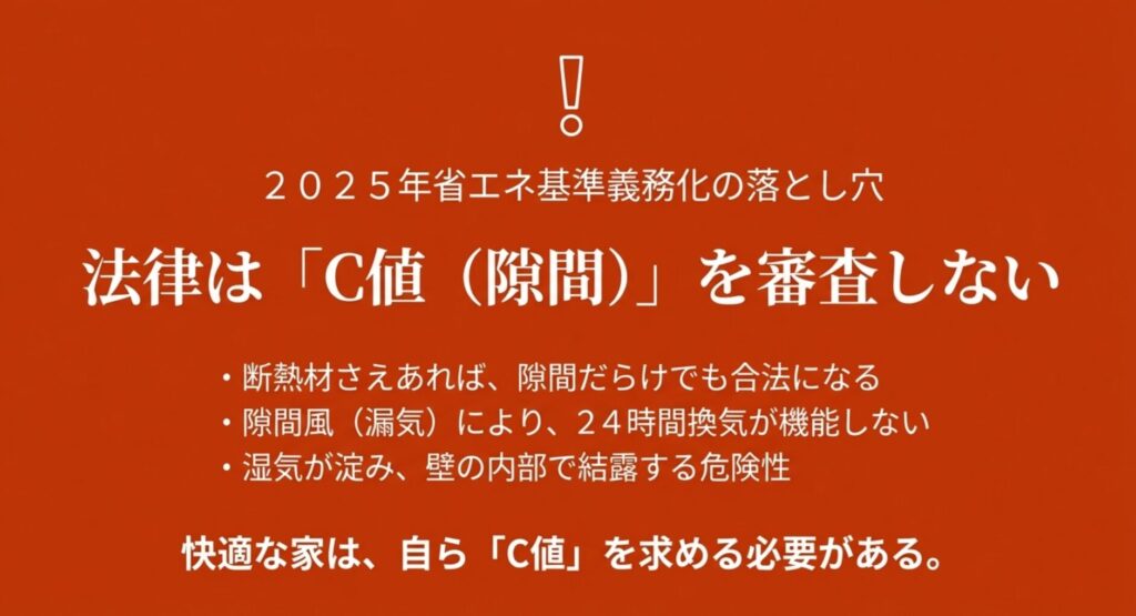「法律はC値を審査しない」という警告。断熱材があっても隙間だらけでは合法になってしまうリスクや、結露・換気不全の危険性を指摘しています。の画像