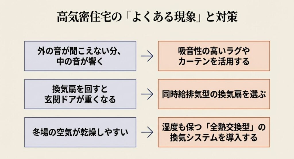 音の響き（吸音ラグ活用）、ドアの重さ（同時給排気型換気扇）、乾燥（全熱交換型換気）といった現象とその具体的な対策をまとめたリスト。の画像