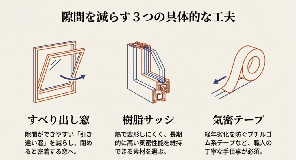 すべり出し窓の採用、樹脂サッシの選定、職人による丁寧な気密テープ施工の3点をイラストで解説しています。の画像