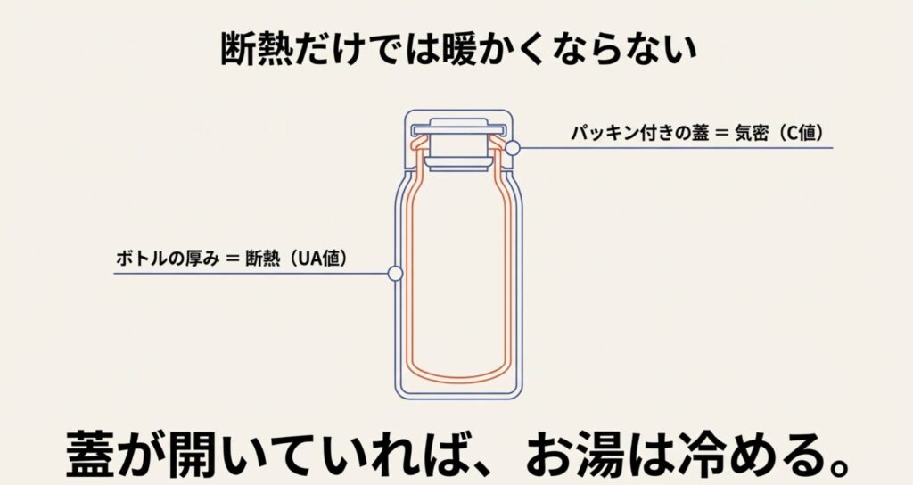 魔法瓶を住宅に見立て、ボトルの厚みが断熱（UA値）、パッキン付きの蓋が気密（C値）であることを示す図解。蓋が開いているとお湯が冷める（断熱だけでは不十分）ことを説明しています。の画像