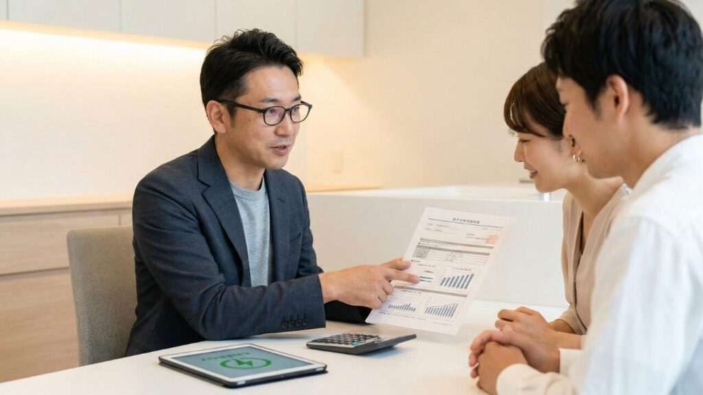 建築士から岩手県独自の住宅補助金制度について説明を受ける日本人夫婦。太陽光発電や蓄電池導入による加算についても相談している様子。の画像