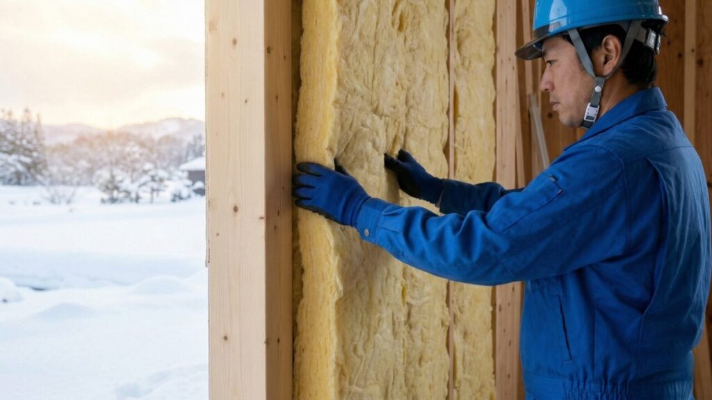 岩手の厳しい冬に備え、住宅の壁に厚い断熱材を隙間なく詰め込む日本人作業員の様子。高断熱施工の様子。の画像