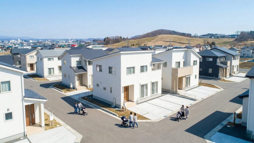 盛岡市のベッドタウンとして人気がある、紫波郡矢巾町の整理された新しい住宅街の風景。晴れた日に新しい家々が並び、子育て世代が生活している様子。の画像