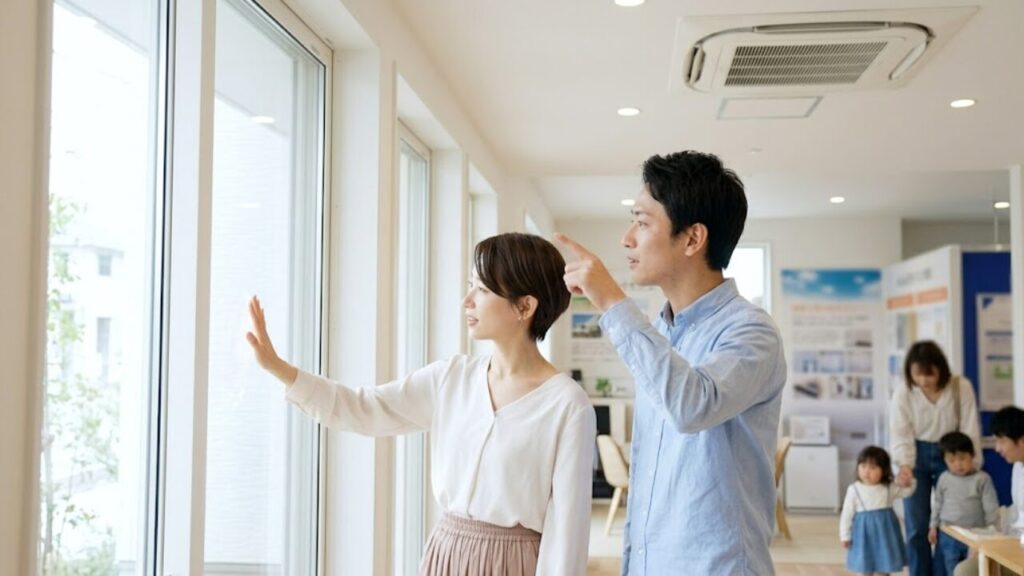 岩手の住宅展示場で、窓の断熱性や全館空調システムについて熱心に見学し、確認する日本人夫婦の画像