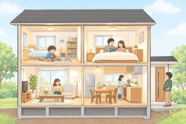 家族の暮らしが見える家の断面図の画像