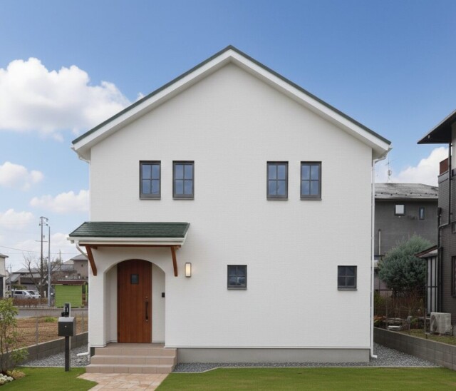 格子窓が並ぶ可愛い外観｜滝沢市で高断熱高気密住宅を建てるなら大共ホームの画像
