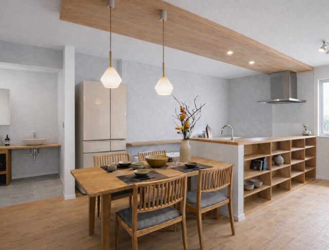 グレー漆喰×板張り天井のキッチン｜平屋を建てるなら大共ホームの画像