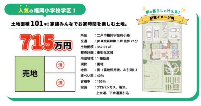 福岡小学校学区　土地情報｜岩手県で土地探しをお考えなら注文住宅の大共ホームの画像