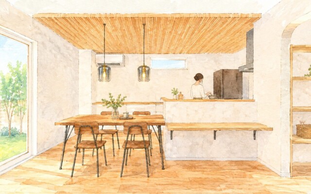 リブ天井のダイニングキッチン｜岩手県で高断熱高気密注文住宅を考えるなら大共ホームの画像