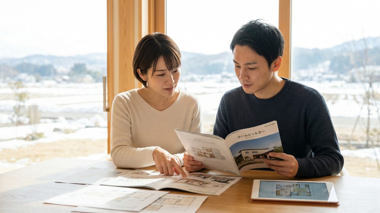岩手の冬の景色を窓越しに見ながら、住宅メーカーのカタログや間取り図を広げて熱心に話し合う日本人夫婦。注文住宅の会社選びを相談している様子。の画像